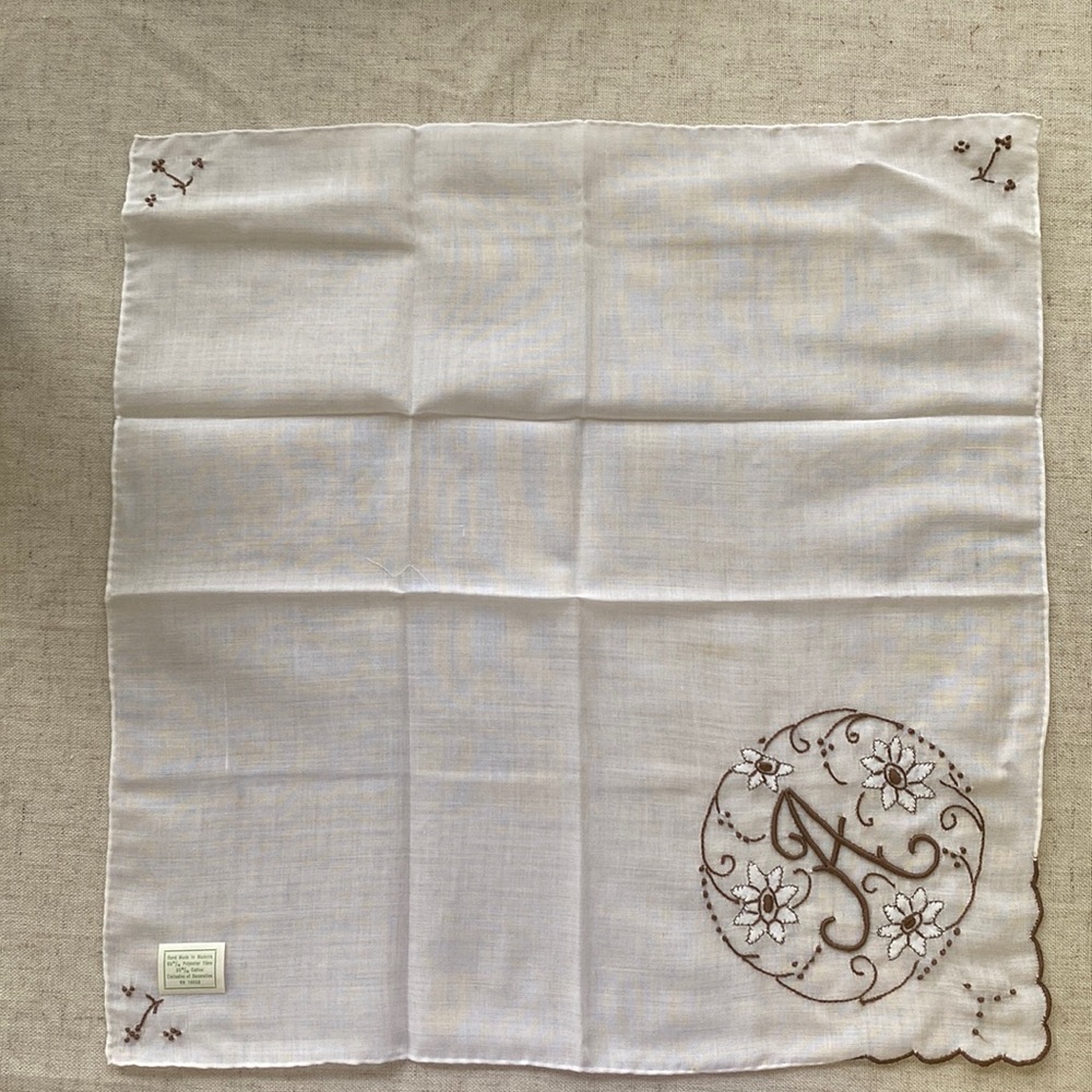 Vintage White Ladies Handkerchief Monogramed with Brown A